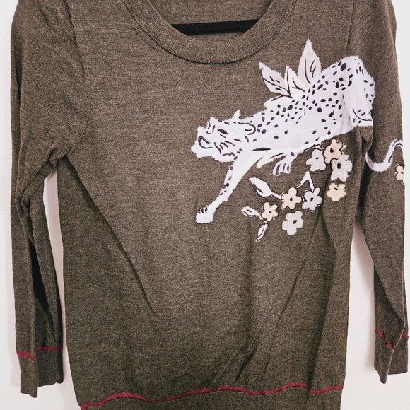 J Crew Merino 7/8 Sweater with Leopard Applique - Picture 1 of 10